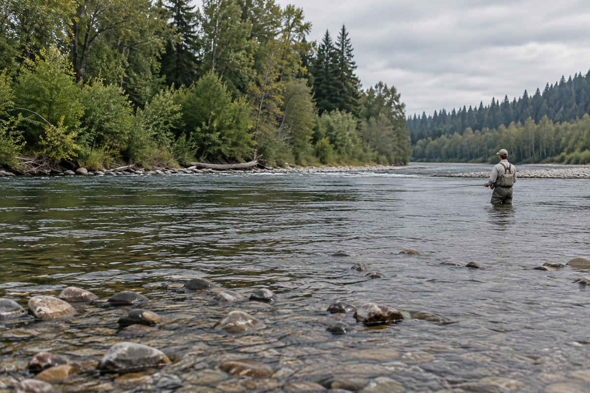 Illustrative fly-fishing river scene with an angler in muted olive waders