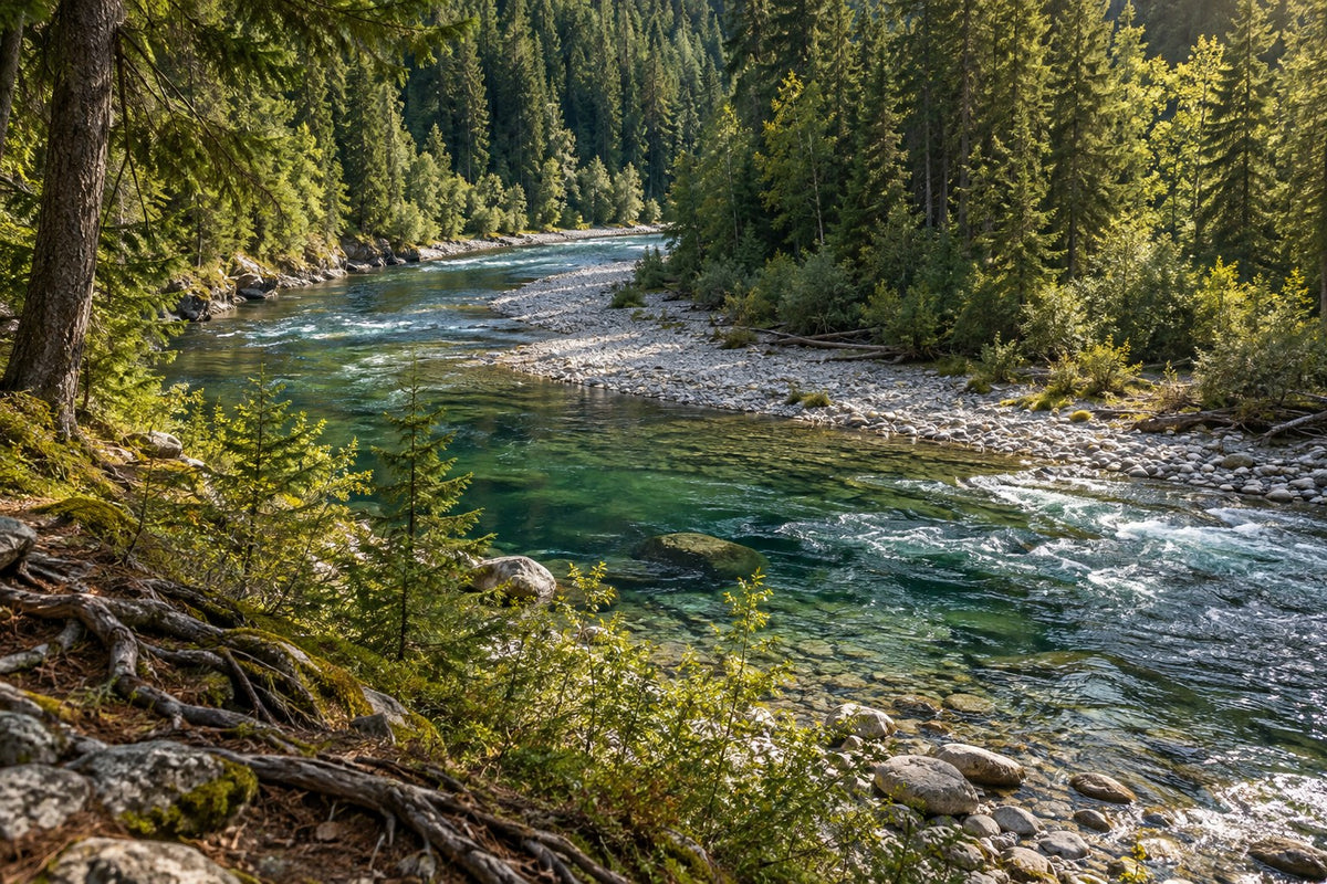 Illustrative coldwater river habitat with wooded banks, clear pools and gravel riffles