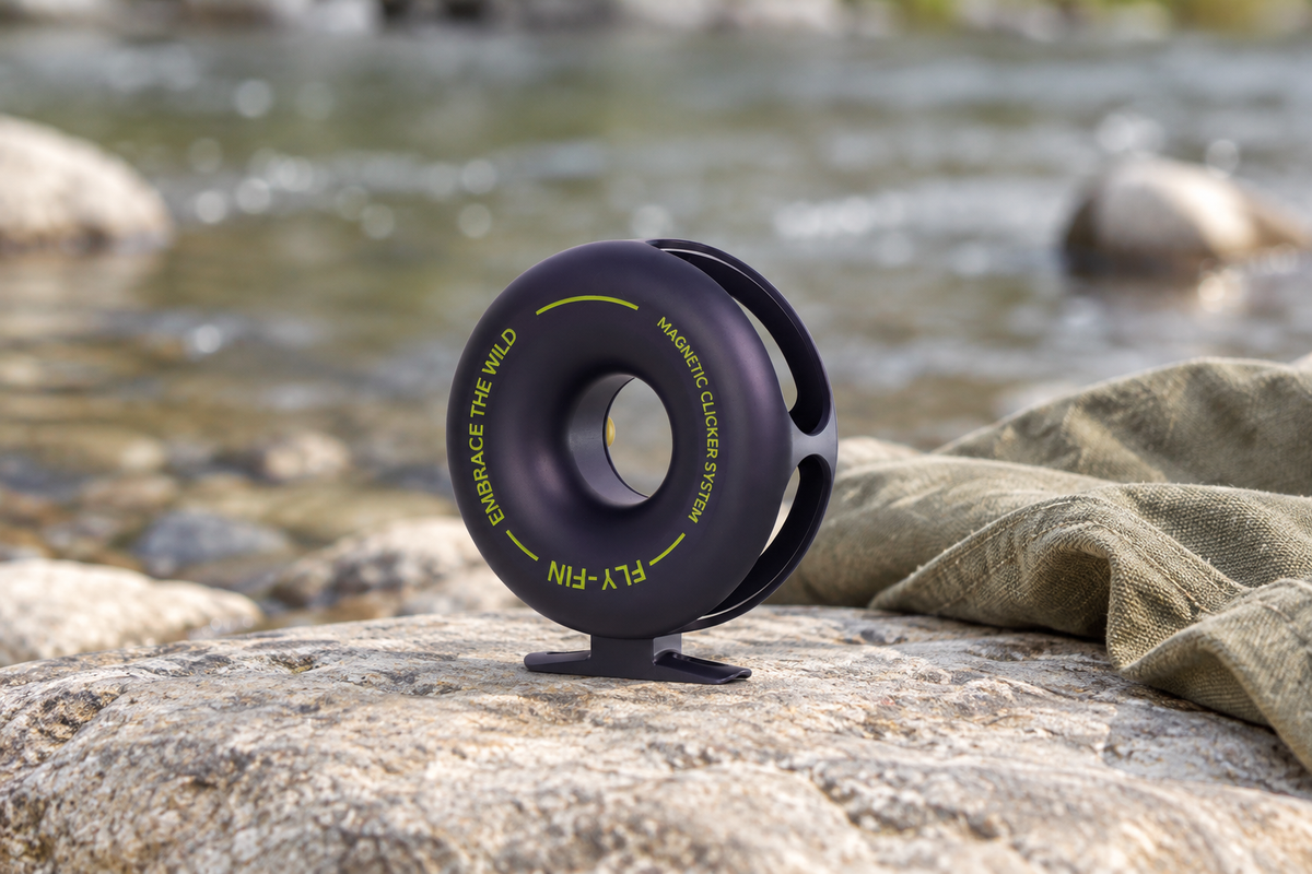 Fly-Fin rounded-shell reel with a cloth beside an illustrative creek