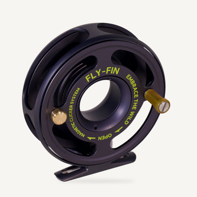 Fly-Fin Magnetic Reel spool side with PEI grip and brass counterweight, cropped from the actual product photograph